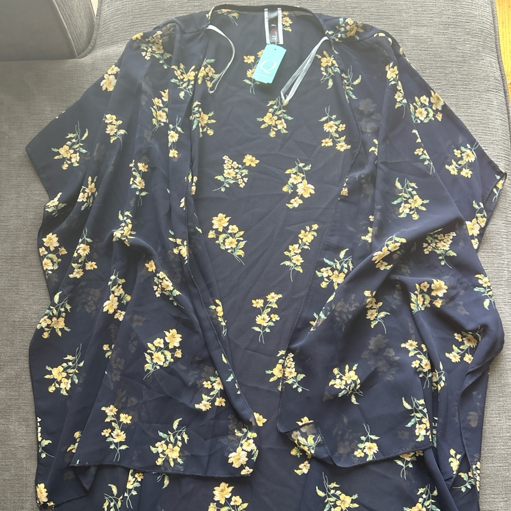 Sheer navy and yellow floral kimono
